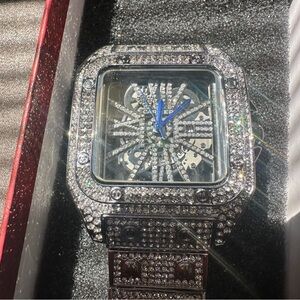 Moissanite Cartier Skeleton Watch with Blue Hands and Diamond Accents